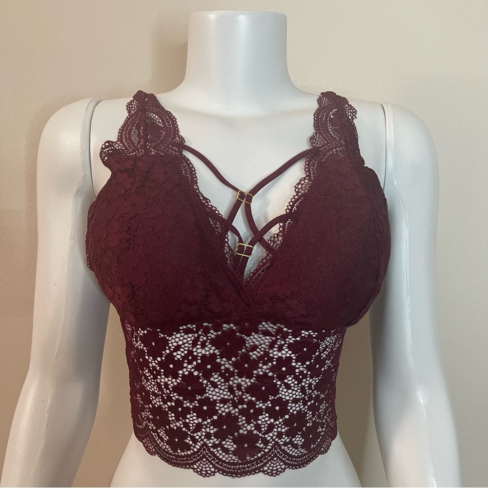 Wine lace strappy long line removable pads bralette